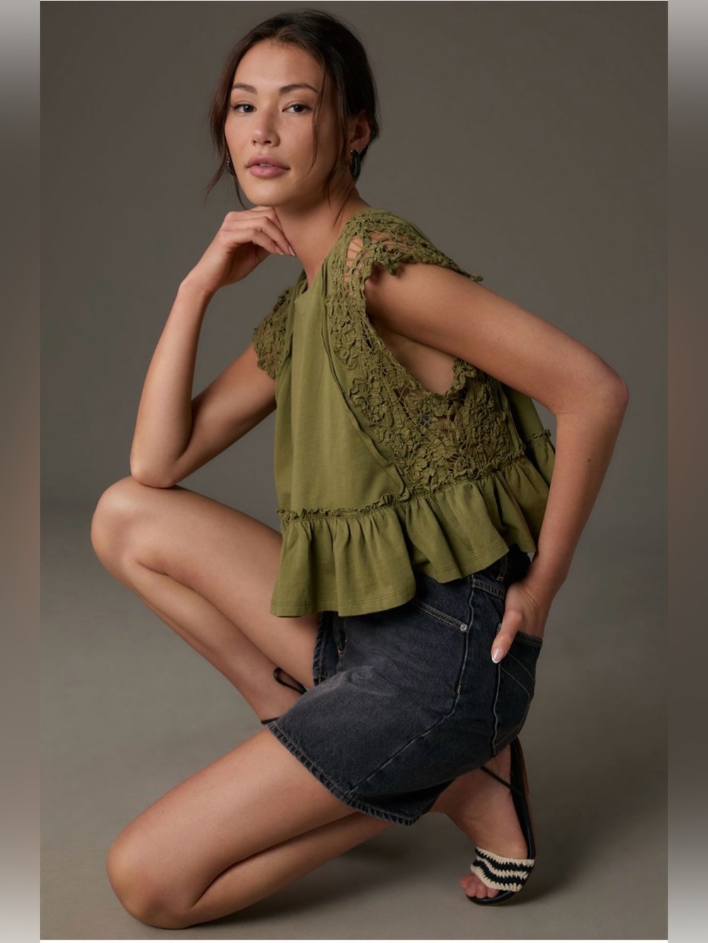 Anthropologie Moss Green baby doll lace top, size S